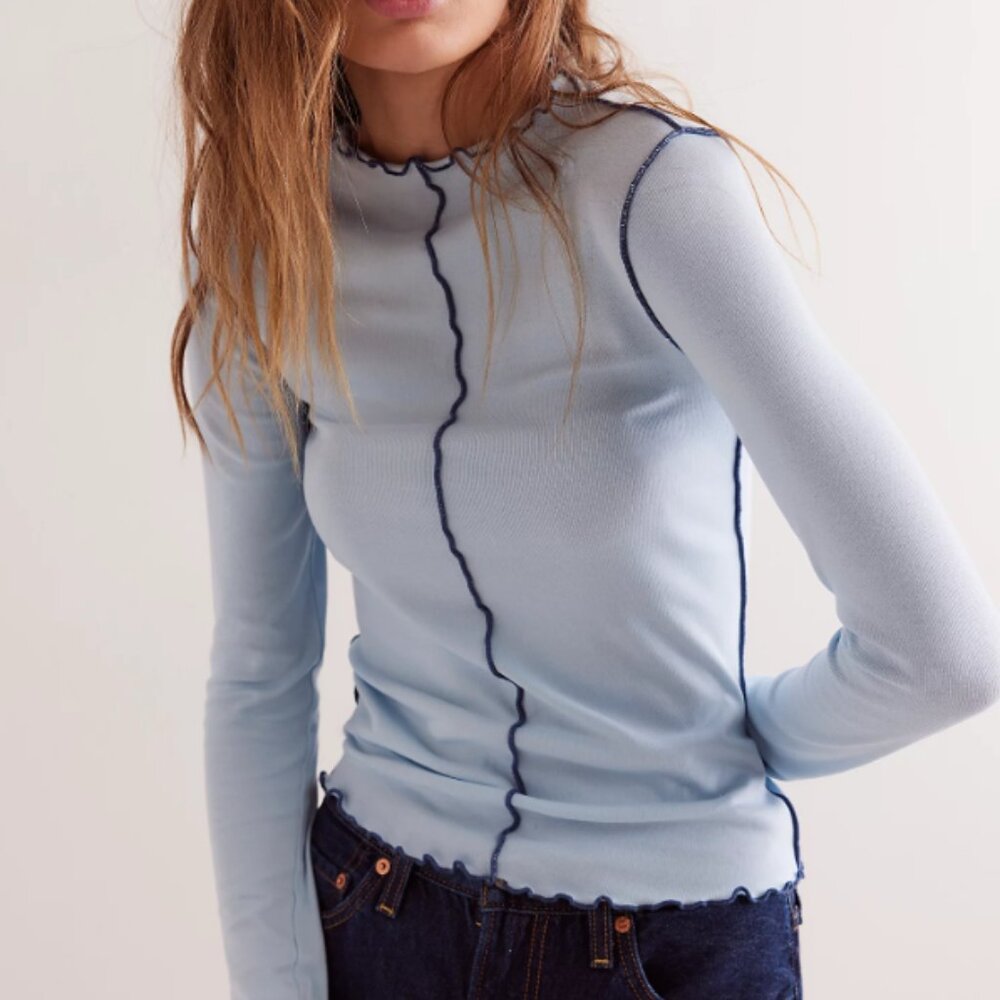 Free People We The Free Baby Blue Lettuce Edge Long Sleeve
